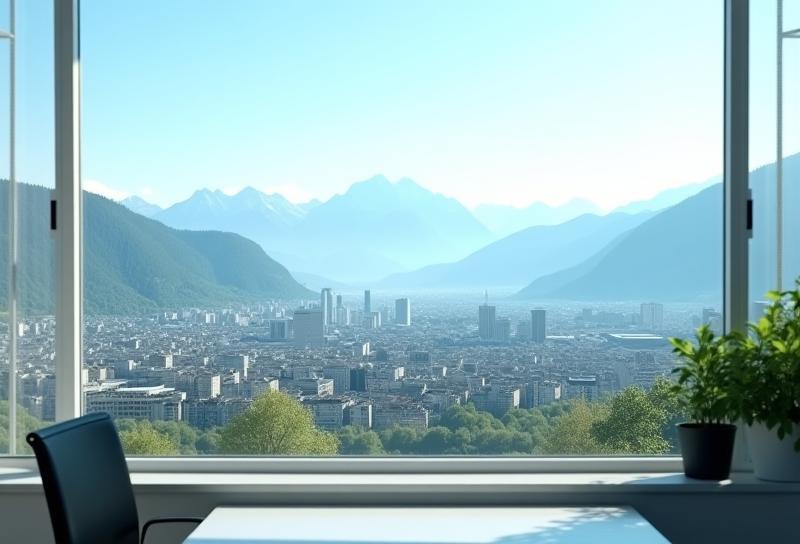 Photo of a modern office setting with a view of the Zurich cityscape and surrounding mountains.