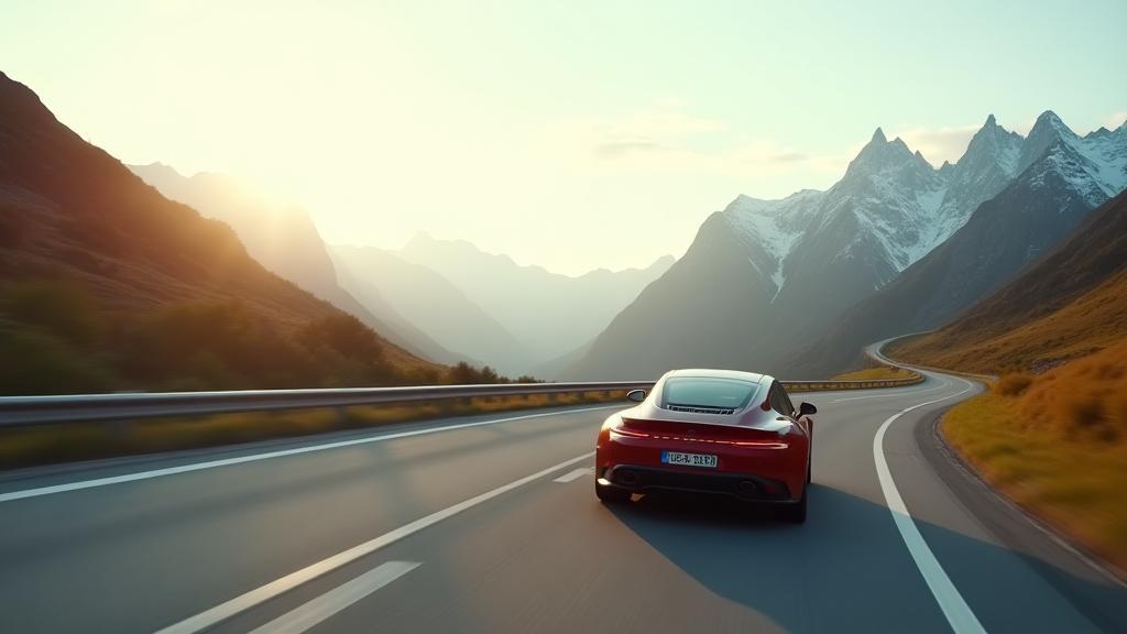 Scenic Swiss road with a modern car driving towards a mountain sunset